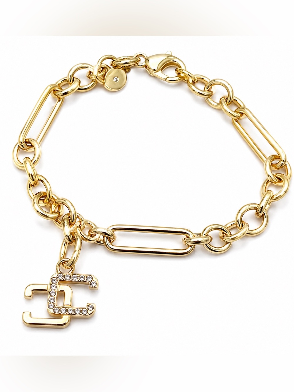 Gold Tone Chain Link Charm Bracelet Crystal Logo Charm
